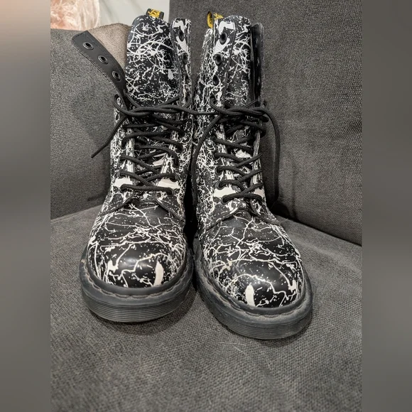 Dr. Martens 14610 Black & White Paint Splatter Combat Boots - Picture 2 of 11